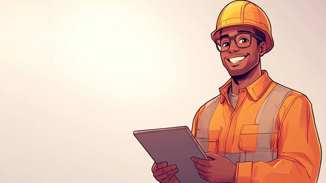 Smiling african american worker in hardhat holding digital tablet
