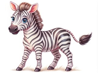 Obraz premium Charming zebra cub cartoon set against a white backdrop, ideal for children's decor and educational resources, sparking imagination and making