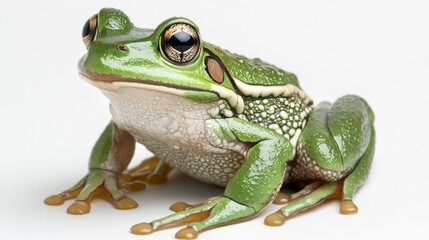 Obraz premium A green tree frog with large eyes sits on a white background.
