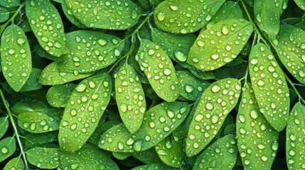 Fototapeta premium Emerald Leaves with Glistening Raindrops