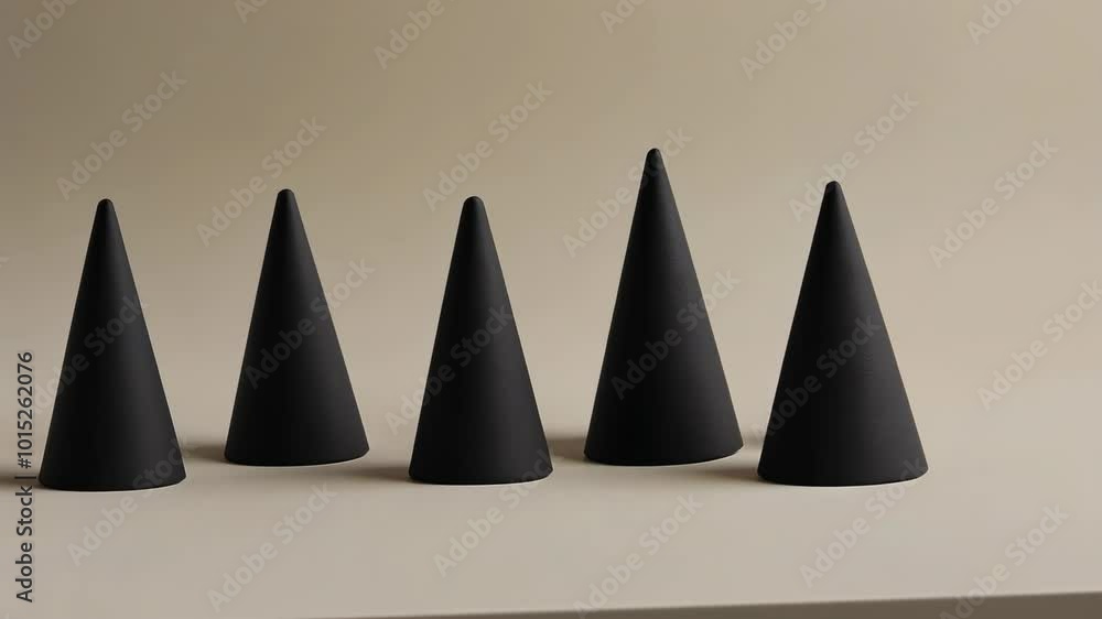 Poster five black cone-shaped objects are arranged in a line on a light beige surface