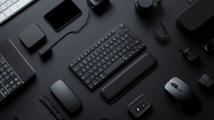 Flat lay of various black electronic devices and accessories on dark background, showcasing modern technology workspace with copy space - Powered by Adobe