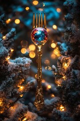 Obraz premium golden fork that has transformed into an unusual scepter, adorned with a colorful Christmas ball