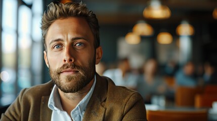 Fototapeta premium A young entrepreneur and investor with an energetic look, wearing a stylish blazer, pitching a business idea to potential investors in a modern meeting room.