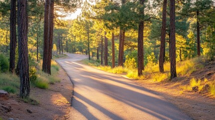 Obraz premium A winding paved road through a pine forest, bathed in the golden light of sunset.