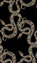 Seamless pattern of python snakes on a black background, for textiles, wallpaper, packaging.