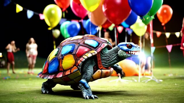 "Tortue color&eacute;e avec des ballons lors d'une f&ecirc;te joyeuse"

