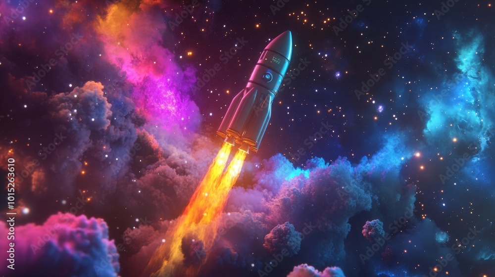 Aufkleber A rocket ascends into the cosmos, leaving a trail of fiery exhaust behind. The backdrop features a vivid galaxy filled with swirling clouds and a multitude of sparkling stars illuminating the night.