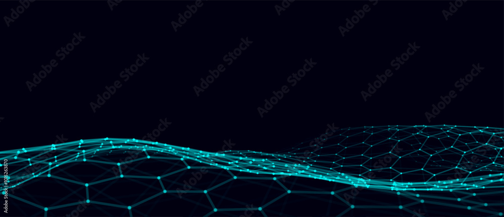Poster abstract futuristic hexagon wave with moving dots. flow of particles. technology illustration. vecto