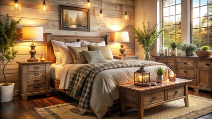 Discover farmhouse bedroom furniture adorned with a soft bokeh effect, bringing a stylish touch and making your home decor feel warm and inviting.