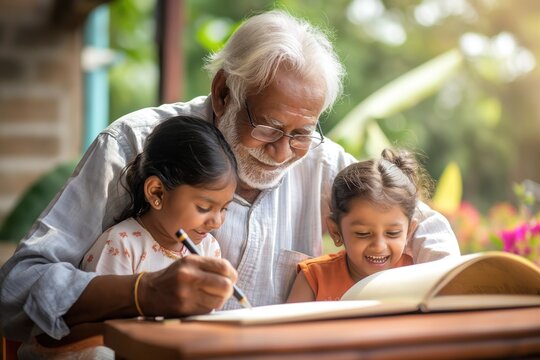 Elderly grandfather reads book with young grandson, granddaughter at home. Green garden backdrop. Grandfather, grandson, granddaughter, books, reading, learning, education, family, home, together,