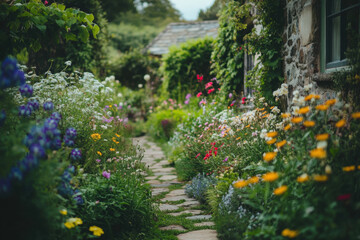 Stone path is leading through a garden full of colorful wildflowers near a stone cottage