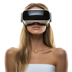 Naklejka premium Blonde woman watching movie through VR headset isolated on transparent background