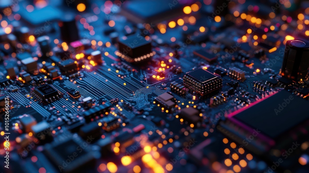 Poster close-up view of advanced circuit board: technology background with digital chips