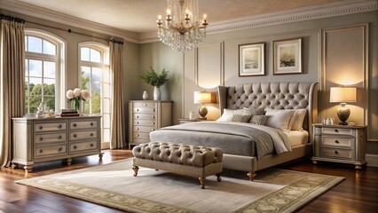 Elegant silhouette photography highlights a tufted bedroom furniture set, seamlessly integrating modern aesthetics with luxury, creating a stunning