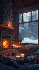 Cozy cabin living room with fireplace and candles overlooking snowy forest