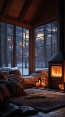 Cozy cabin living room with fireplace and candles overlooking snowy forest