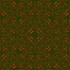 Seamless kaleidoscope pattern of curved lines. Orange curls on dark green background. Stylized berries. Fantasy dark green autumn decor. Ethnic rustic style. Cozy dark bright design.