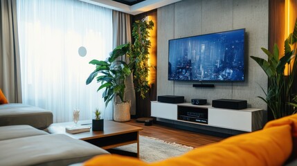 Cozy living room with large flat screen TV on the wall