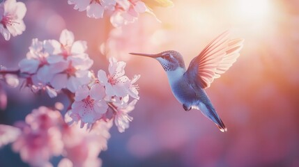 Naklejka premium Enchanting Hummingbird Amid Blossoming Cherry Flowers