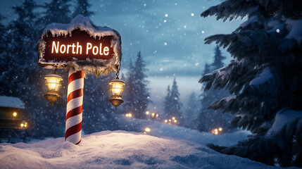 North Pole signpost with lanterns