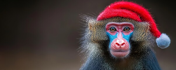 Fototapeta premium A playful Mandrill monkey with a red Santa hat, sitting calmly with a soft gaze, its colorful face brightening the festive portrait.