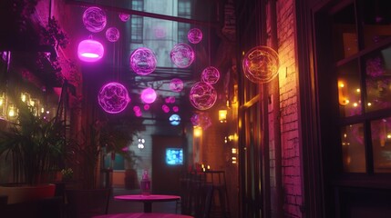 Fototapeta premium Enchanting Neon Bubbles in a Cozy Alley