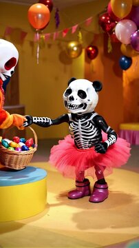 "Panda squelette en tutu rose lors d'une f&ecirc;te color&eacute;e"

