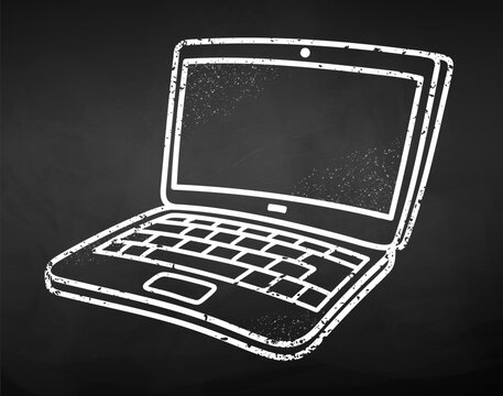 Chalk drawn line art vector illustration of laptop computer on chalkboard background