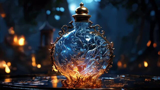 Burning magic potion in crystal bottle. Halloween witchcraft and alchemy concept