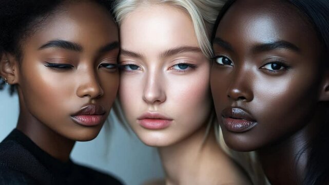 Portrait of three models women posing together, highlighting diversity in beauty while gazing directly at the viewer
