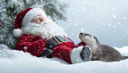 Santa Claus sitting by a snow-covered pine tree, with a playful otter at his feet, as snowflakes fall all around in the winter wonderland.