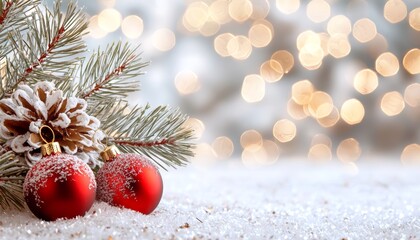 Fototapeta premium Snow-covered pine branches adorned with red ornaments, with a backdrop of soft, glowing bokeh lights in warm golden tones.