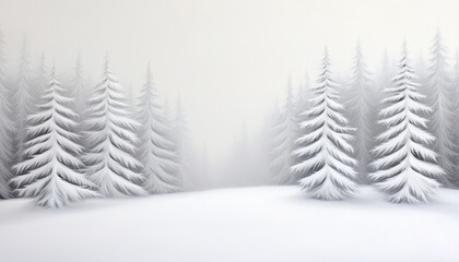 Snow-draped evergreen trees in a silent winter forest, with soft, delicate snowflakes filling the air.
