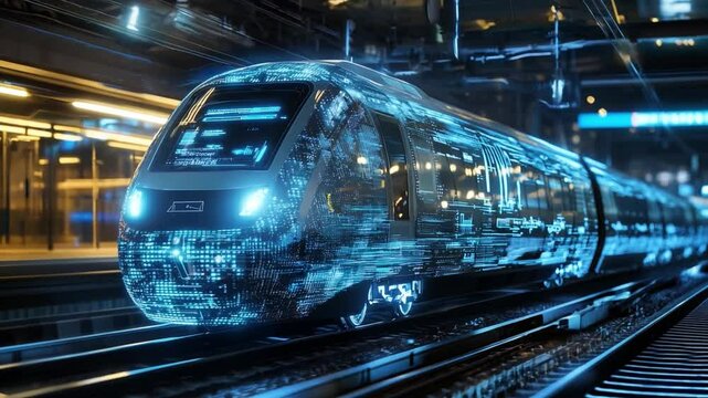 A high tech train glowing with digital effects, leaves a lively urban station under bright night lights