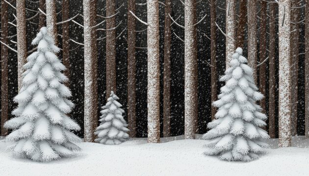 Snow-draped evergreen trees in a silent winter forest, with soft, delicate snowflakes filling the air. - Powered by Adobe