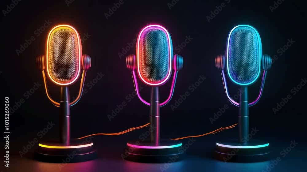 Poster three retro style microphones stand illuminated with colorful neon lights, creating a lively atmosph