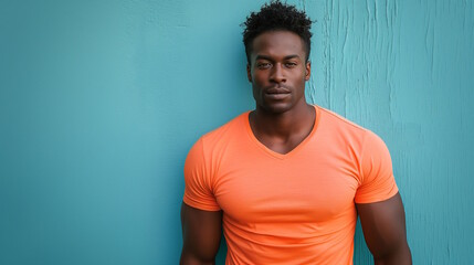 Obraz premium A fit young man in an orange shirt standing confidently against a turquoise wall, symbolizing health and fitness, concept of strength, self-confidence, and active lifestyle