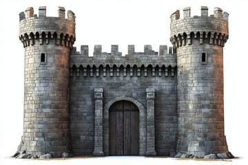 Ancient medieval castle fortress isolated on the white background. Front view.