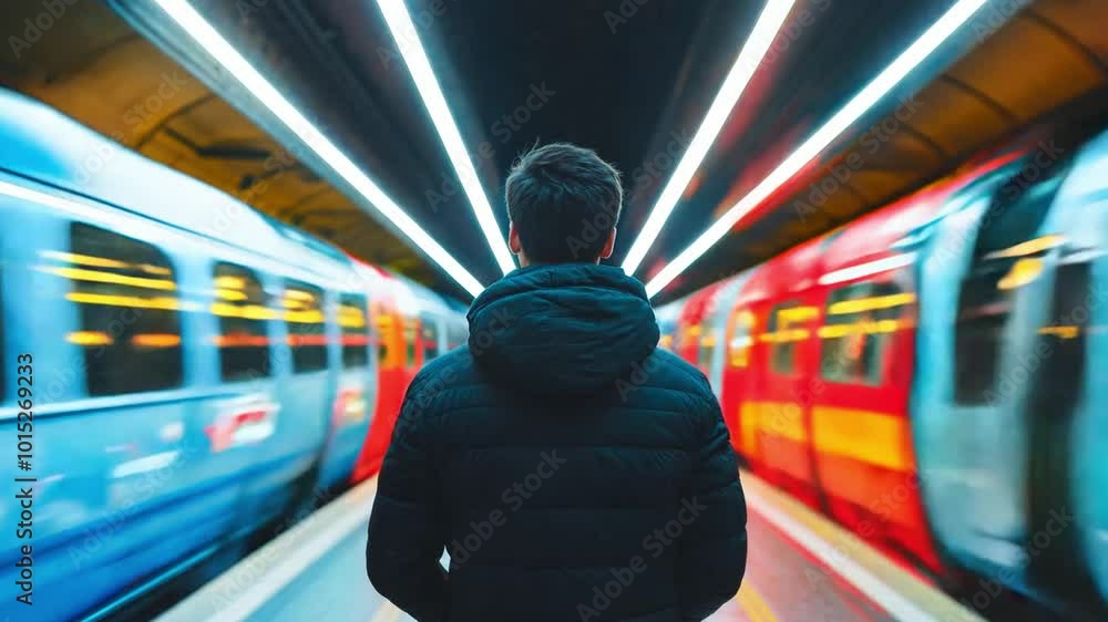 Aufkleber a man stands still at a train platform while two trains rush by, creating a striking contrast betwee