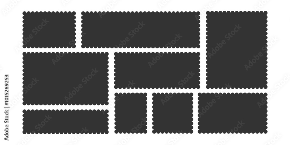 Poster black scallop edge different rectangles set. blank rectangle shapes squiggly stickers set. empty geo