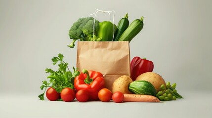 Fresh vegetables in a paper bag on a table. Natural and healthy food concept, surrounded by foliage and vegetables. delivery