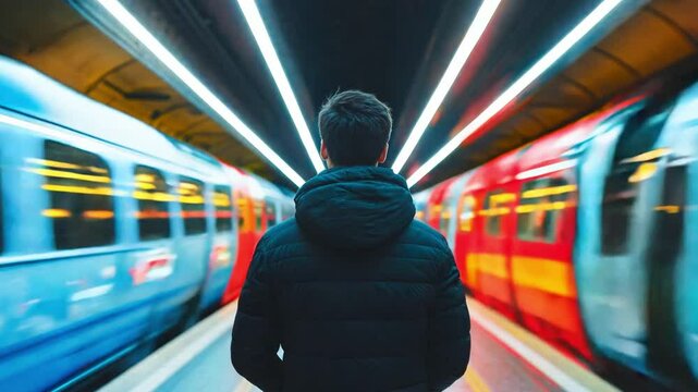 A man stands still at a train platform while two trains rush by, creating a striking contrast between motion and stillness