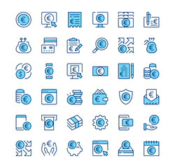 Euro icons. Outline symbols. Vector blue line icons set