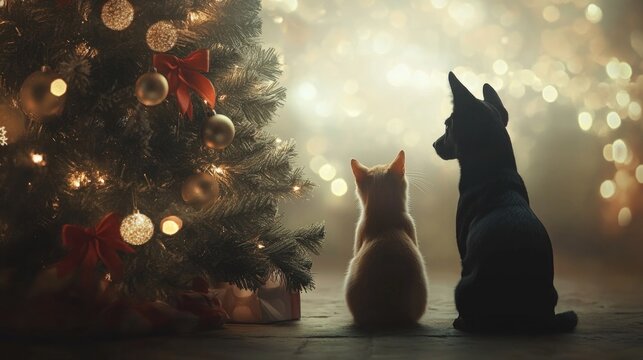 a dog and a kitten sitting beside a Christmas tree with glowing bokeh lights in the background. pets, dog and cat