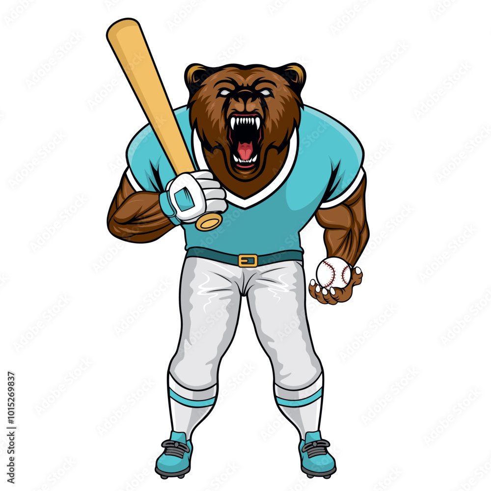 Poster baseball mascot bear vector illustration baseball character design