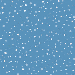 Abstract White Snow Flakes on Blue background. Cold Snowy winter Holiday Backdrop. Simple Natural snowfall texture. Vector illustration. Dotted pattern for Package wallpaper banner poster card design