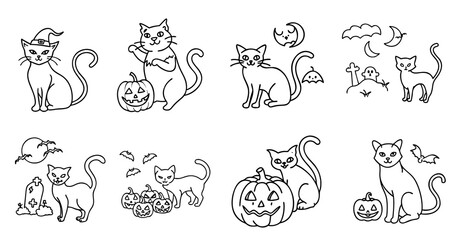 Halloween  black cat doodle illustration set featuring spooky felines and decorations