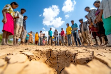 Obraz premium Rural village hit by a drought, with dry, cracked earth and villagers gathering around a dried-up well, representing the impact of climate on rural poverty