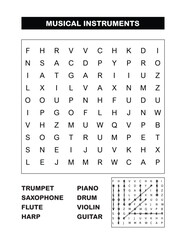 word search puzzle 21 musical instruments